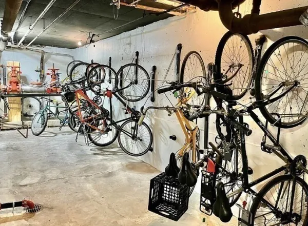 a close view of light fixtures and a bicycle