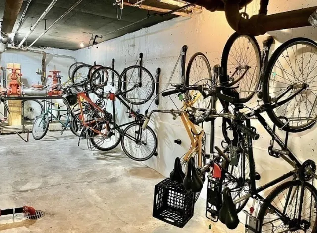 a close view of light fixtures and a bicycle