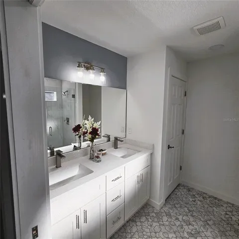 a bathroom with a sink double vanity and a mirror