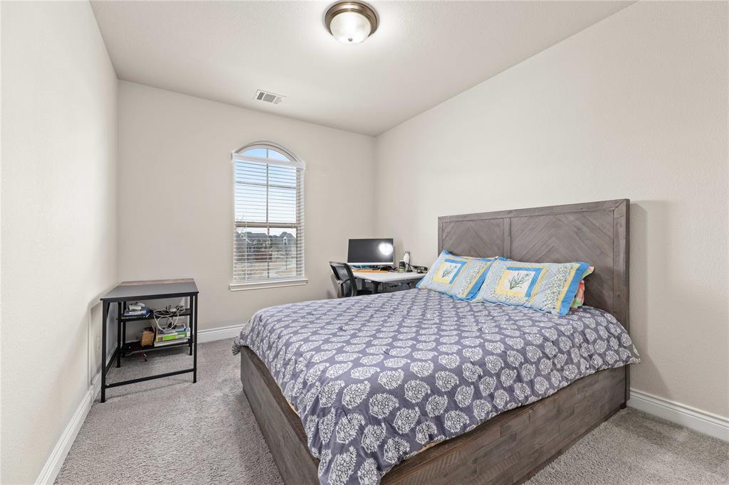 16541 Sweetgum Road Frisco, TX 75033 - Photo 18 of 26 Bedroom featuring an arched window with blinds, neutral wall paint, and gray carpet flooring