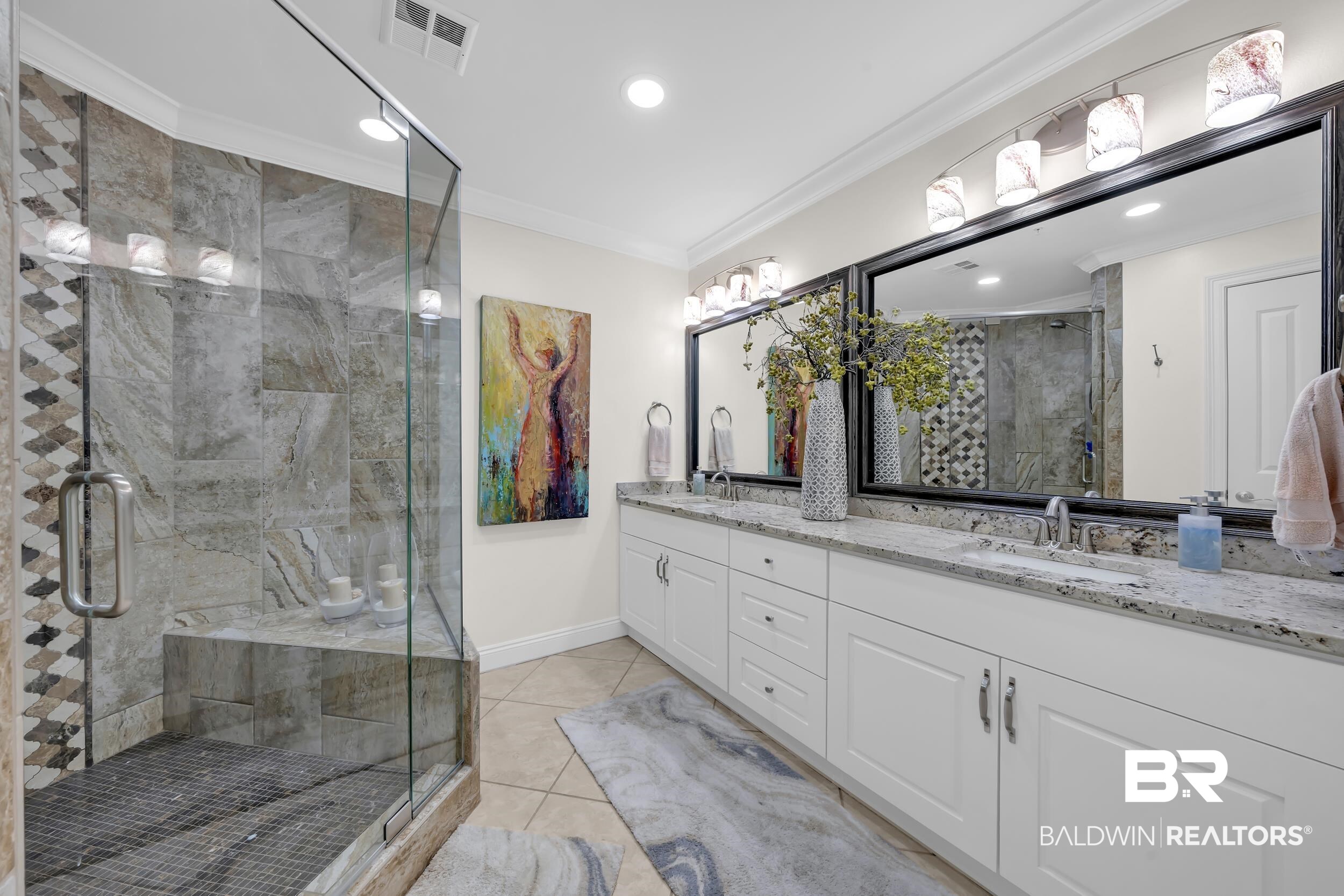 28250 Canal Road, Unit 307 Orange Beach, AL 36561 - Photo 38 of 56 Bathroom with crown molding, double vanity, a marble finish shower, light tile patterned floors, and recessed lighting