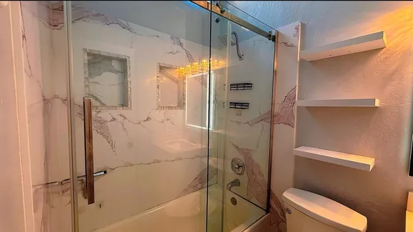 a bathroom with a shower and toilet