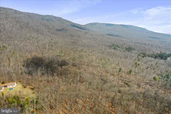 a view of a dry field with mountains in the background