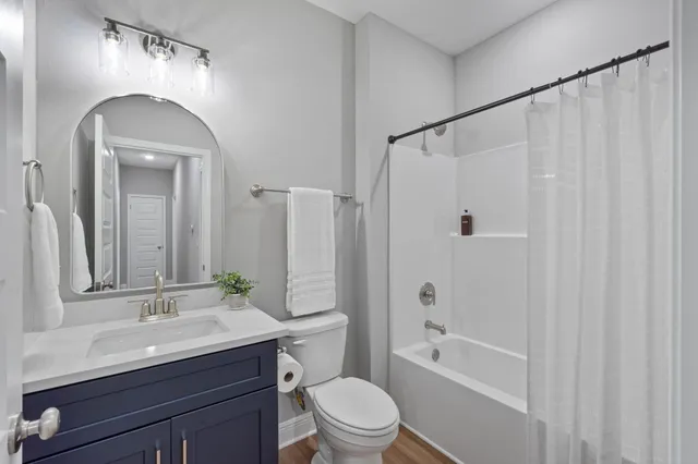 a bathroom with a sink a toilet a mirror a vanity and shower