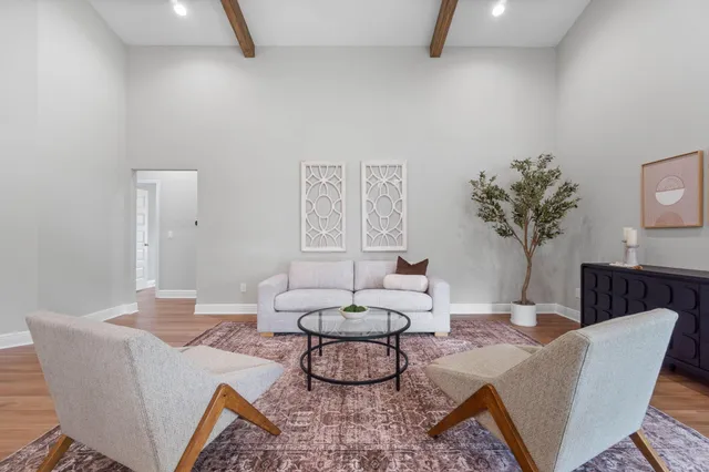 a living room with furniture and a potted plant