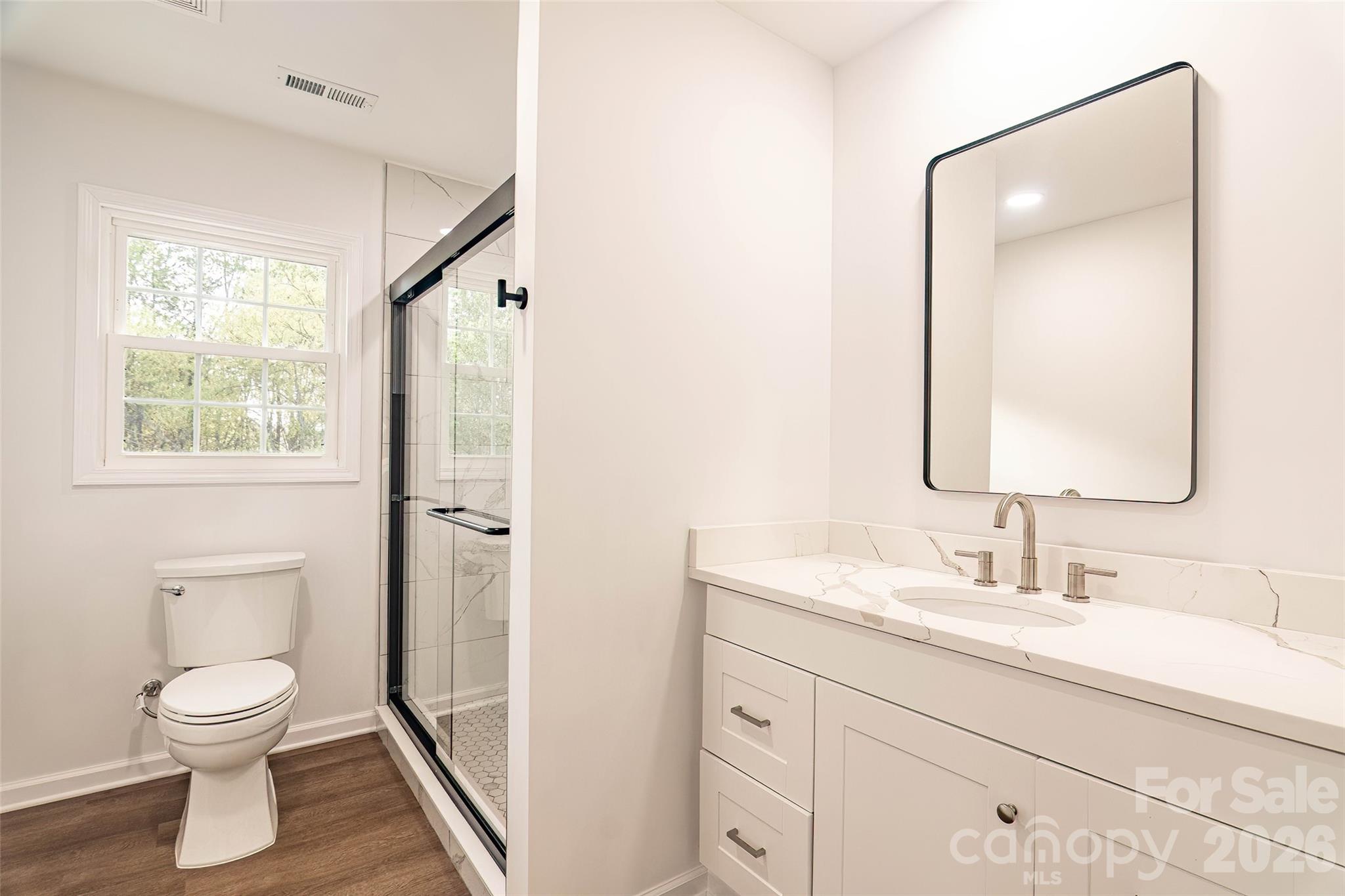 281 Jack McKinney Road Forest City, NC 28043 - Photo 15 of 37 a bathroom with a toilet a sink a mirror and a shower