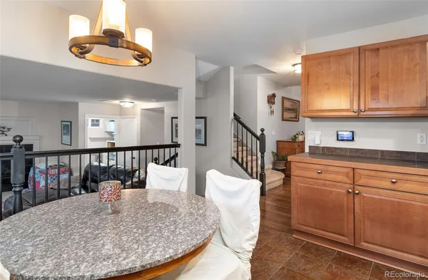 a view of a dining room with furniture
