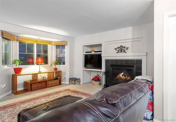 a living room with furniture and a fireplace