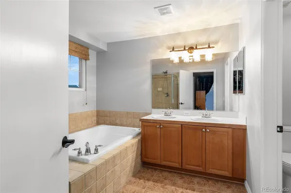 a bathroom with a tub sink and mirror
