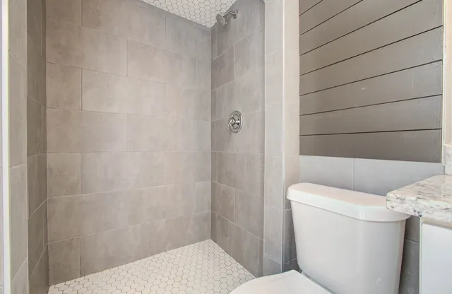 a bathroom with a toilet and a shower