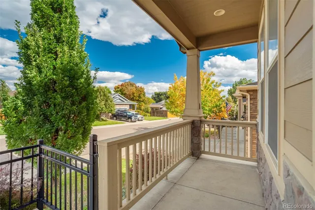 a view of a balcony with wooden floor