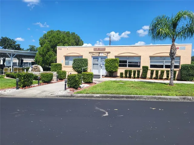 a view of a park with large trees