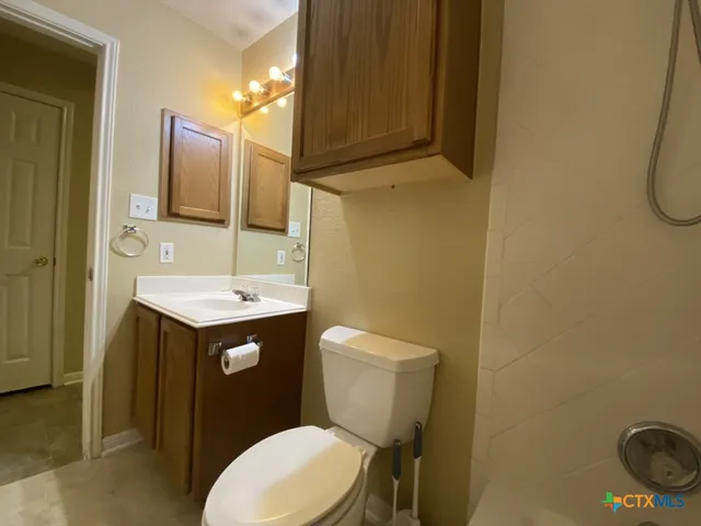 a bathroom with a sink a toilet and mirror