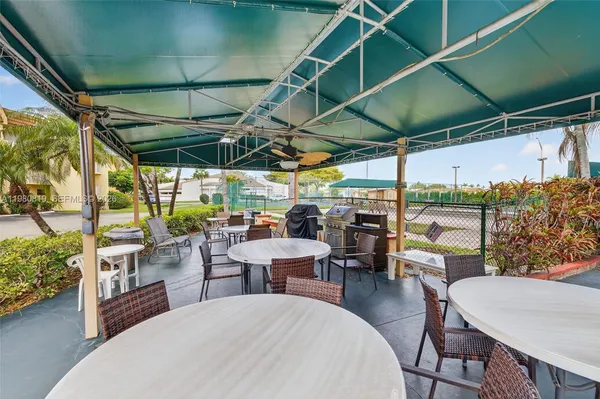 a view of a tables and chairs in patio