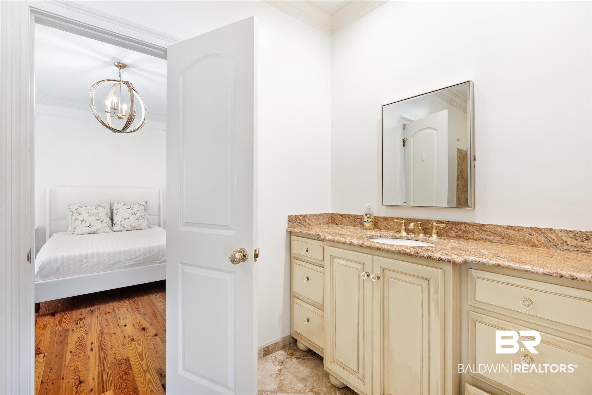 11 Drury Lane Mobile, AL 36608 - Photo 24 of 34 Bathroom with ornamental molding, vanity, and hardwood / wood-style flooring