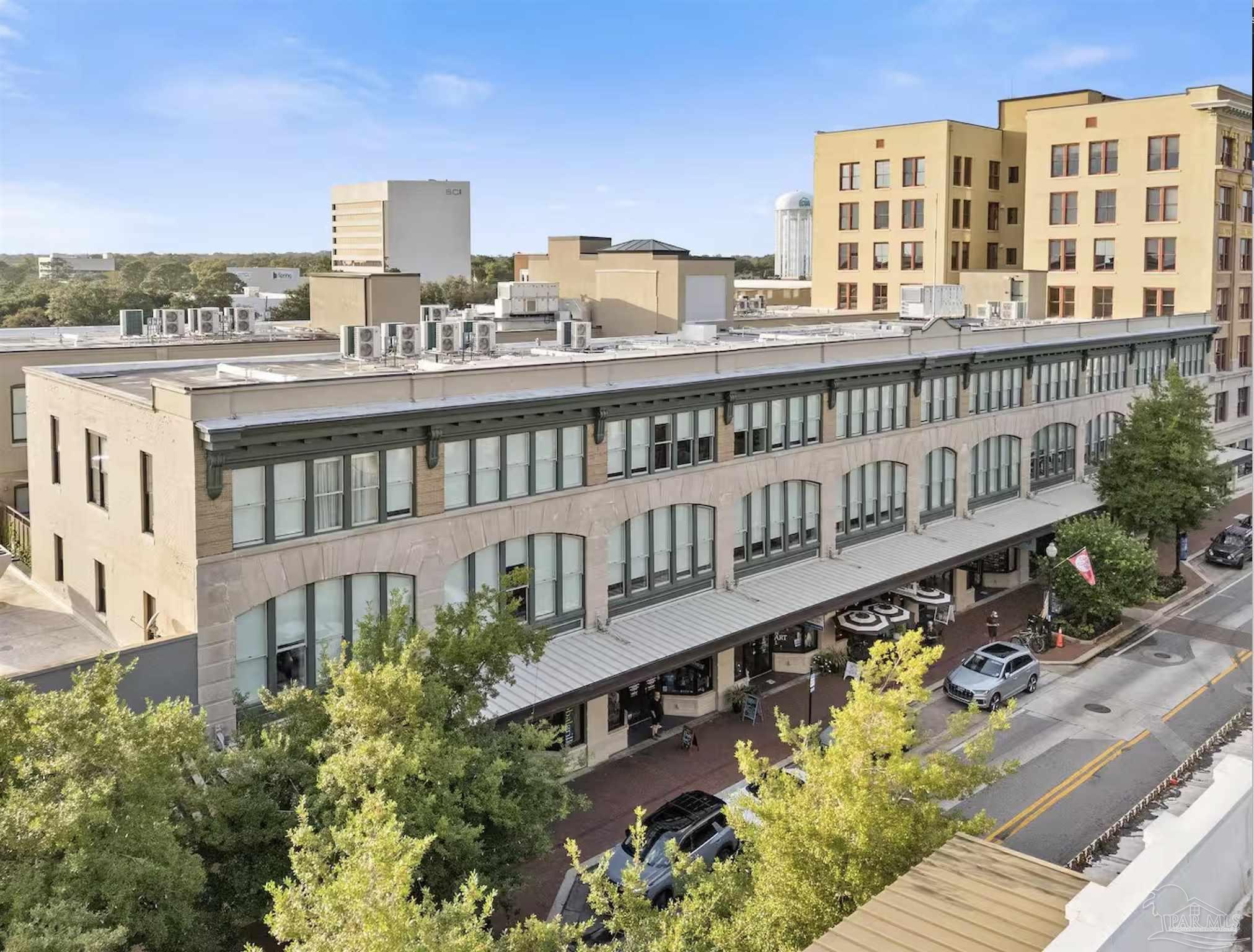 a view of a building from a balcony