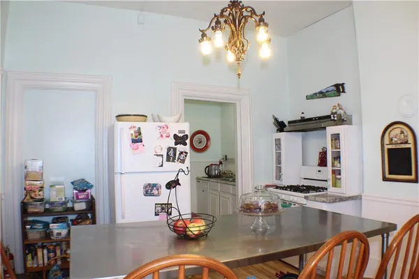 a view of a dining room with furniture