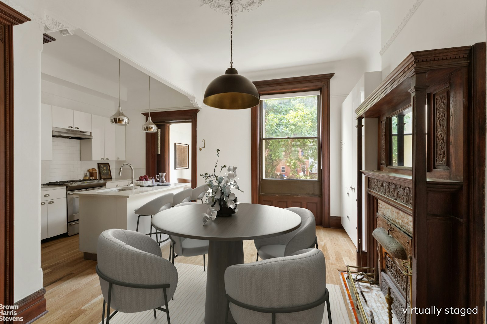 1456 Dean Street Brooklyn, NY 11213 - Photo 17 of 28 a dining room with furniture a chandelier and wooden floor