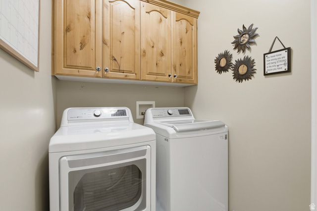 11811 Cottage View Lane Draper, UT 84020 - Photo 18 of 25 Laundry area featuring neutral wall paint, wood upper cabinetry with silver-tone hardware, and utility hookups