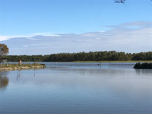 a view of lake with boats and trees in the background
