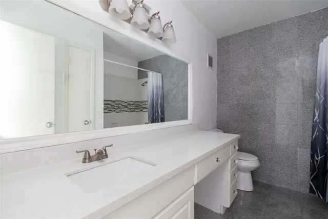 a bathroom with a sink a toilet and mirror