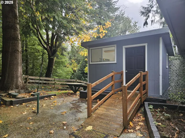 a view of a room with a large window