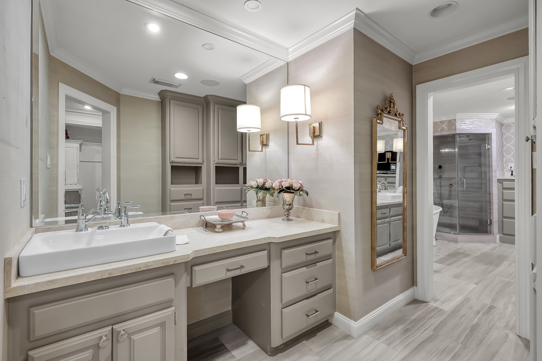 3272 Teas Nursery Road Conroe, TX 77304 - Photo 19 of 50 a bathroom with a sink double vanity and shower