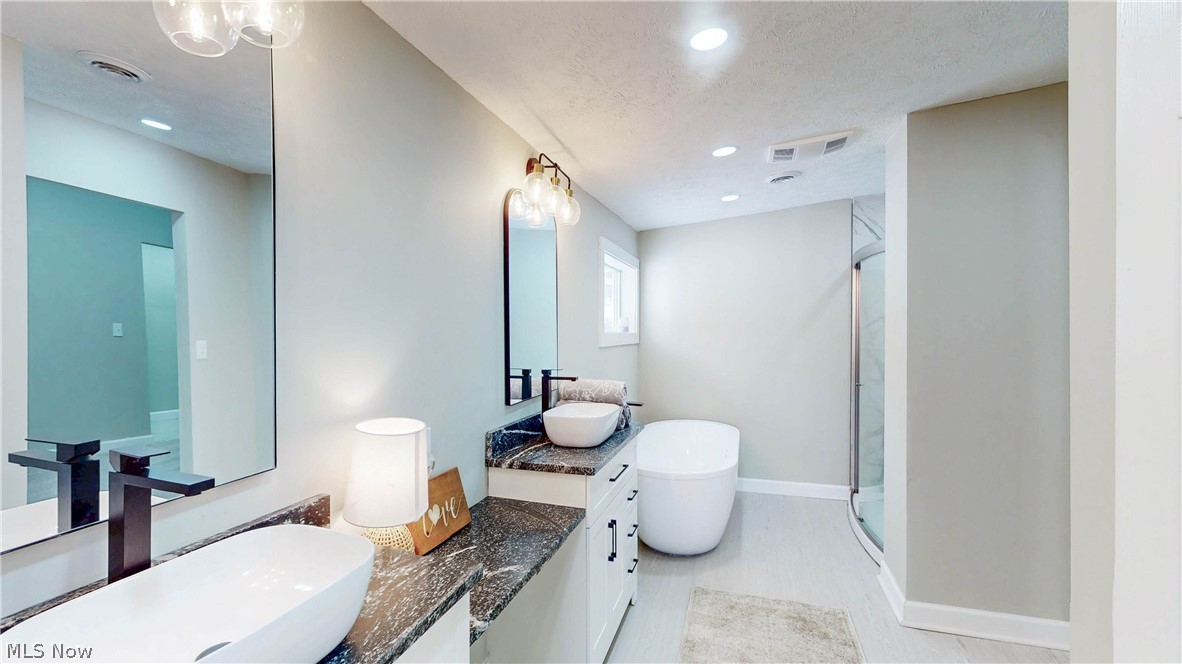 3312 Bancroft Road Akron, OH 44333 - Photo 19 of 50 Bathroom with double vanity, a shower stall, a freestanding bath, and suspended lighting