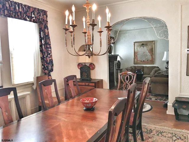 a view of a dining room with furniture
