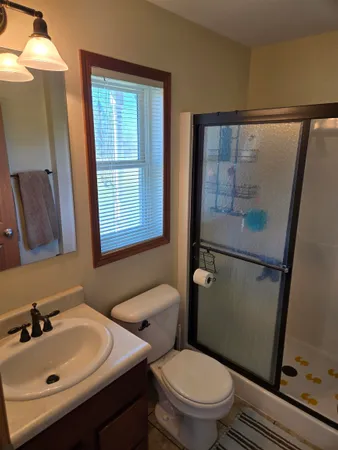 a bathroom with a sink mirror toilet and shower