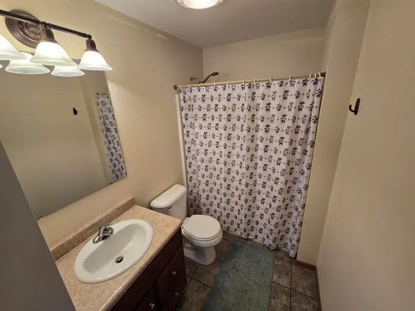 a bathroom with a sink a toilet and shower curtain