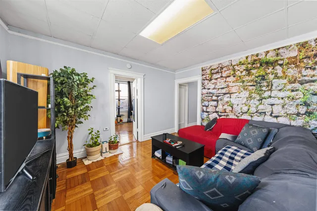 a living room with furniture and a potted plant