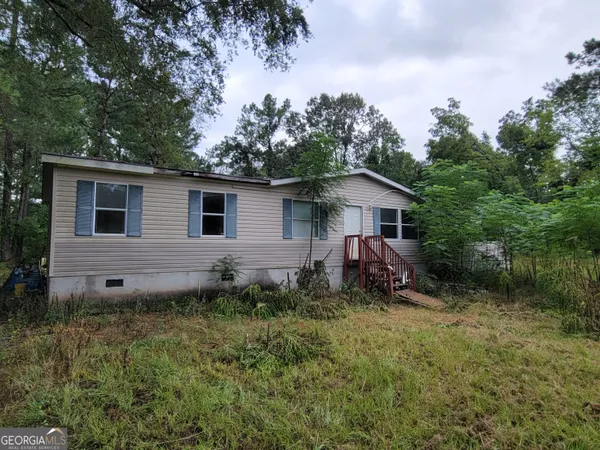 a view of a house with a yard and potted plants