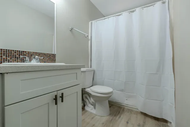 a bathroom with a sink a toilet and shower