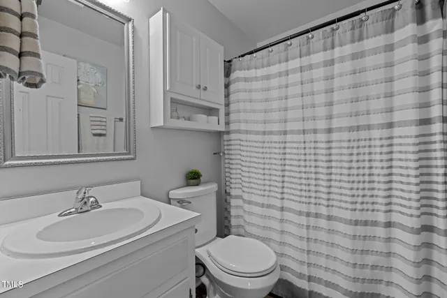 a bathroom with a sink a toilet and shower curtain
