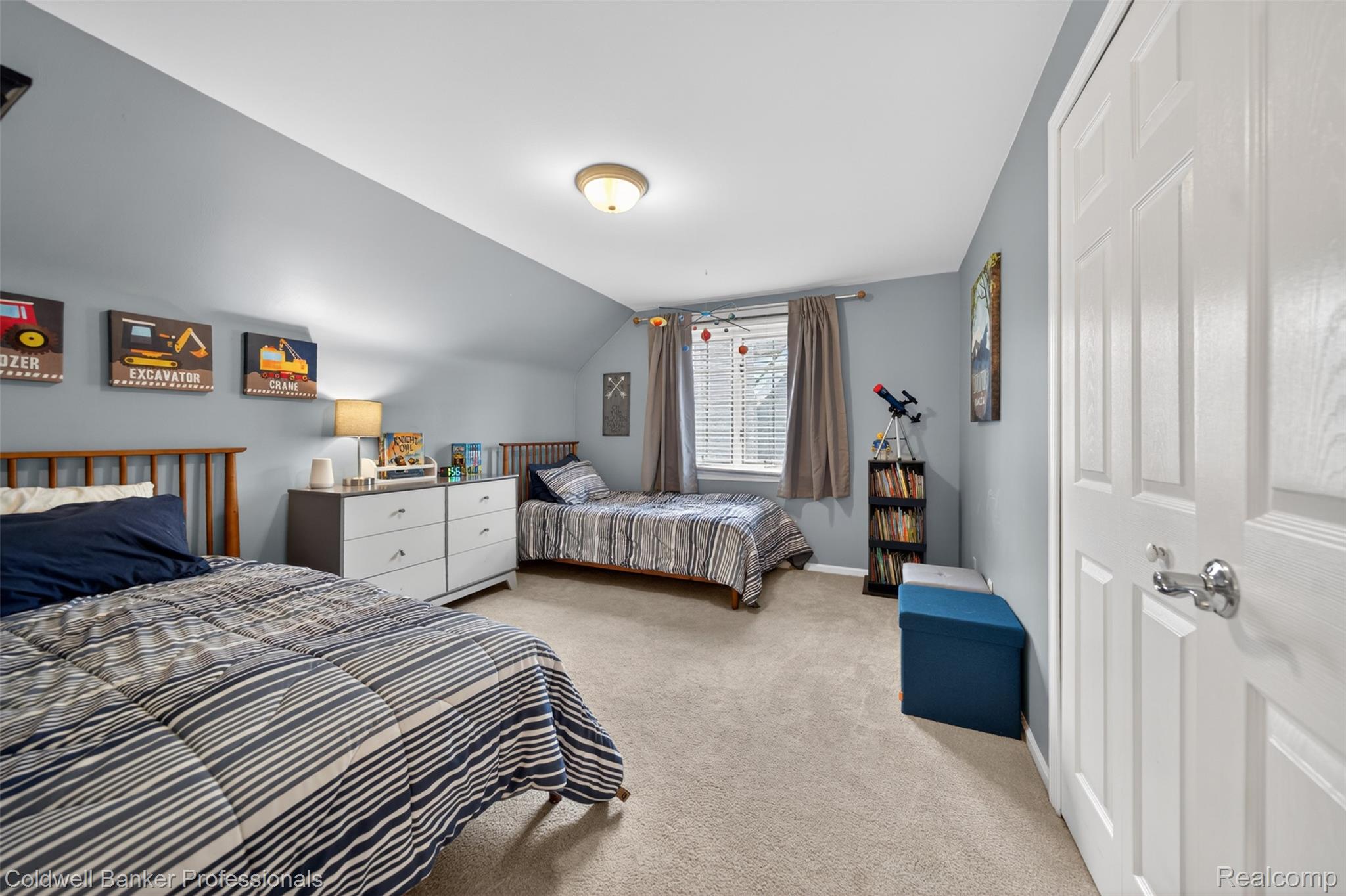 2666 Windemere Road Birmingham, MI 48009 - Photo 14 of 24 Carpeted room featuring a window with blinds and drapes, a flush-mount ceiling light, and a white panel door with chrome hardware