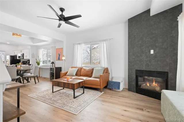 a living room with furniture and a fireplace