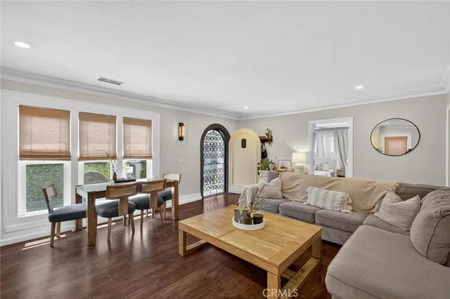 a living room with furniture a rug potted plant and a large window