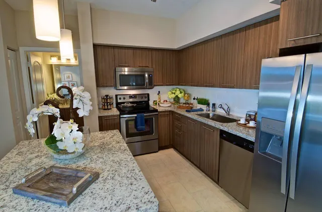 a kitchen with stainless steel appliances granite countertop a refrigerator a stove top oven a sink and dishwasher