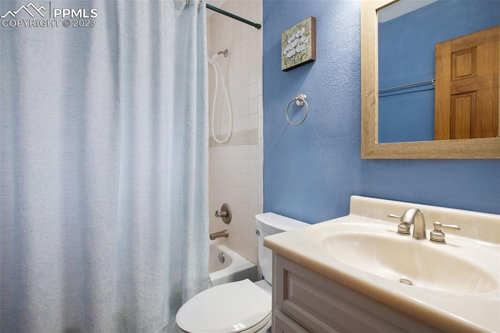 321 Dewell Road Woodland Park, CO 80863 - Photo 23 of 32 a bathroom with a sink a toilet and shower curtain