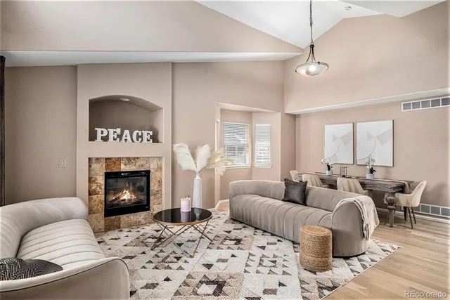 a living room with furniture and a fireplace