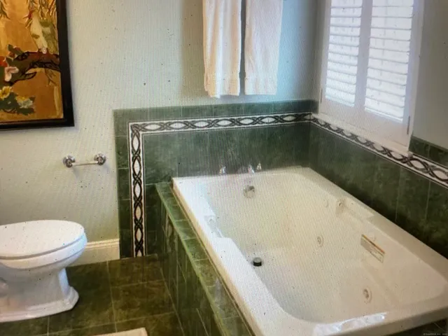 a bathroom with a bathtub and a toilet