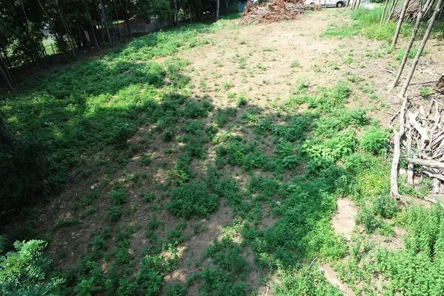 an aerial view of residential house with outdoor space and trees all around