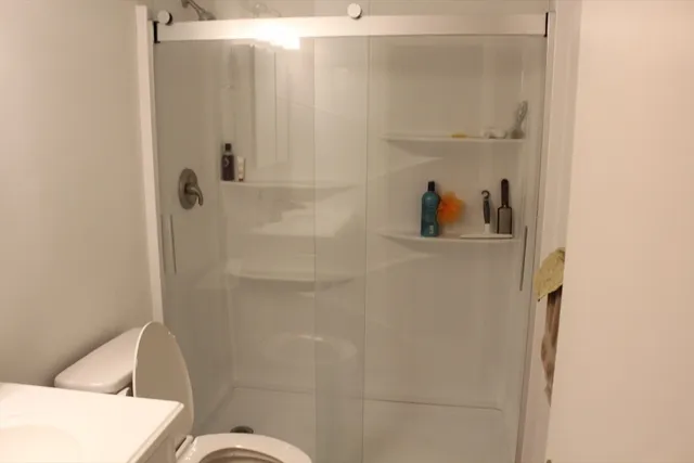 a bathroom with a toilet and a shower