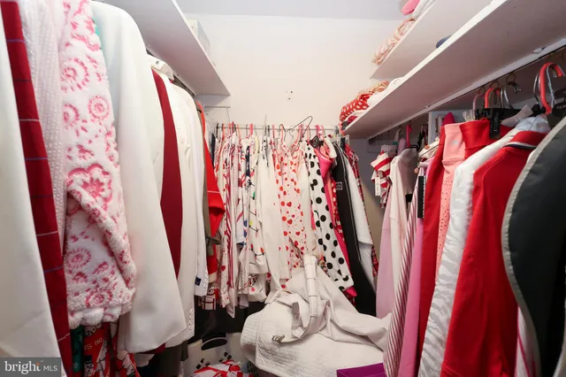 a view of walk in closet with clothes