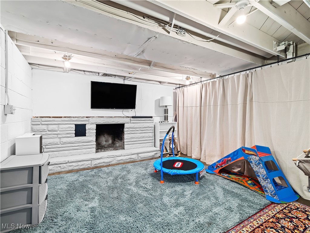 693 Avon Belden Road Avon Lake, OH 44012 - Photo 28 of 36 Basement family room featuring carpet and a stone fireplace