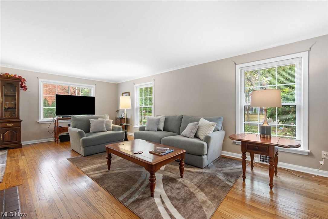 Living room with crown molding and light hardwood floors