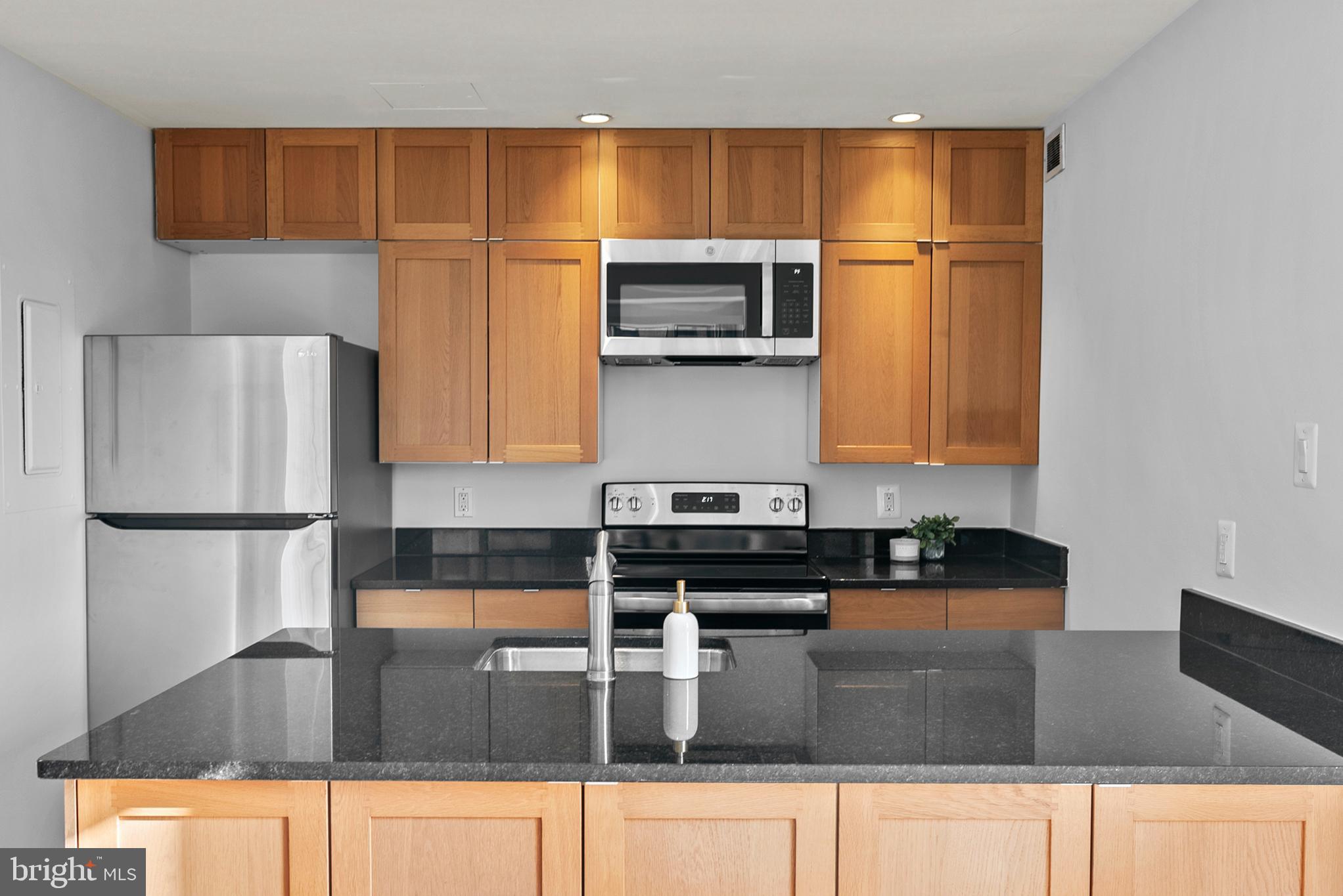 3251 Prospect Street Northwest, Unit 319 Washington, DC 20007 - Photo 8 of 16 a kitchen with stainless steel appliances granite countertop a refrigerator a stove and a sink with wooden floor