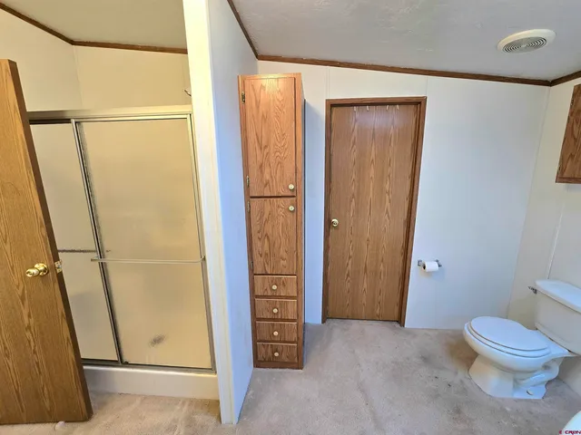 a bathroom with a toilet and a shower