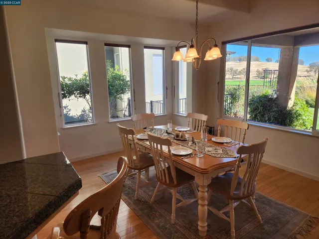 a view of a dining room with furniture window and outside view